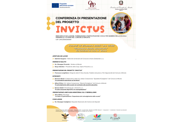 Bronte. Domani, venerdì 12 dicembre, si presenta il progetto INVICTUS – Inclusione, formazione e partecipazione civica a Bronte